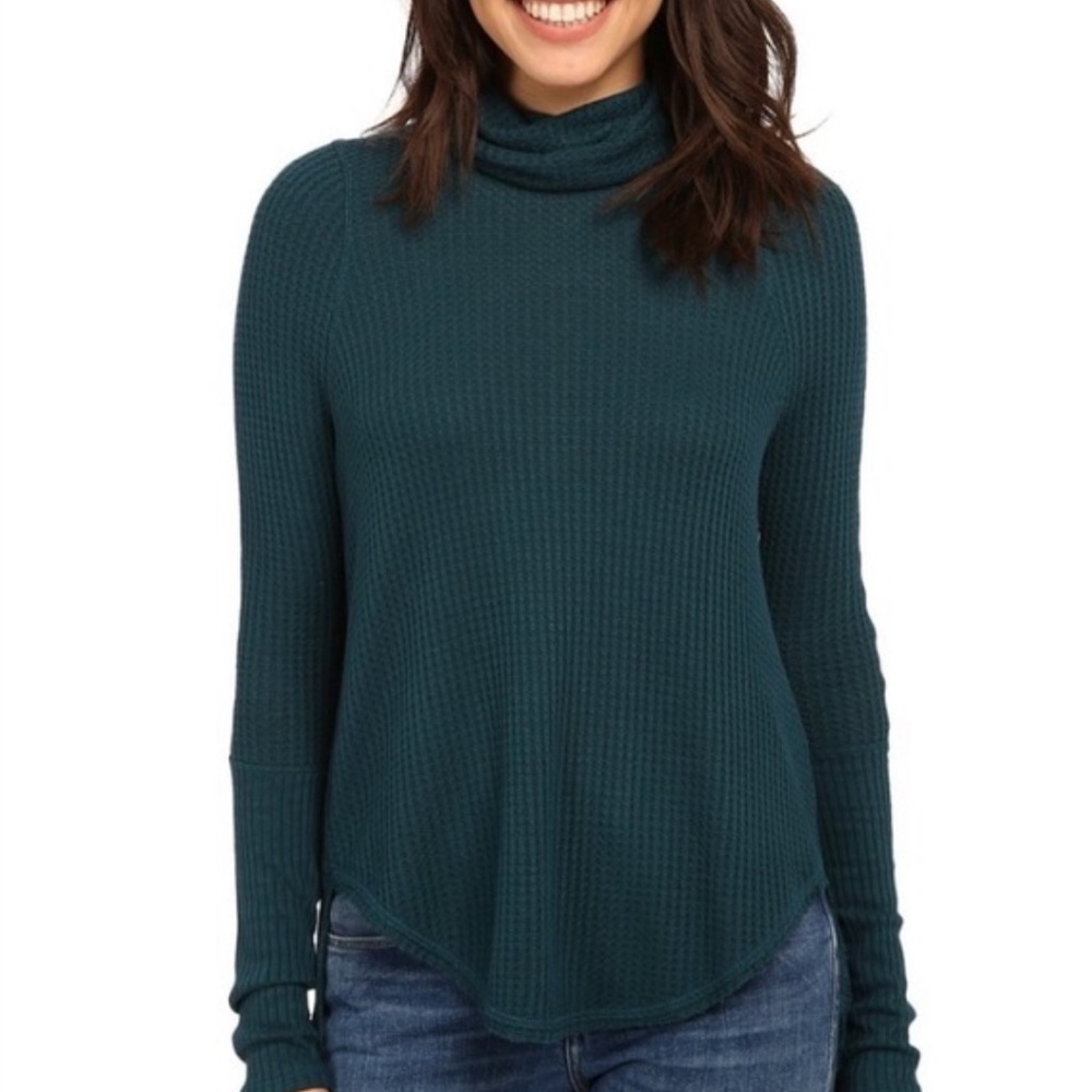 We The Free Teal Cowl Neck Waffle Knit Sweater